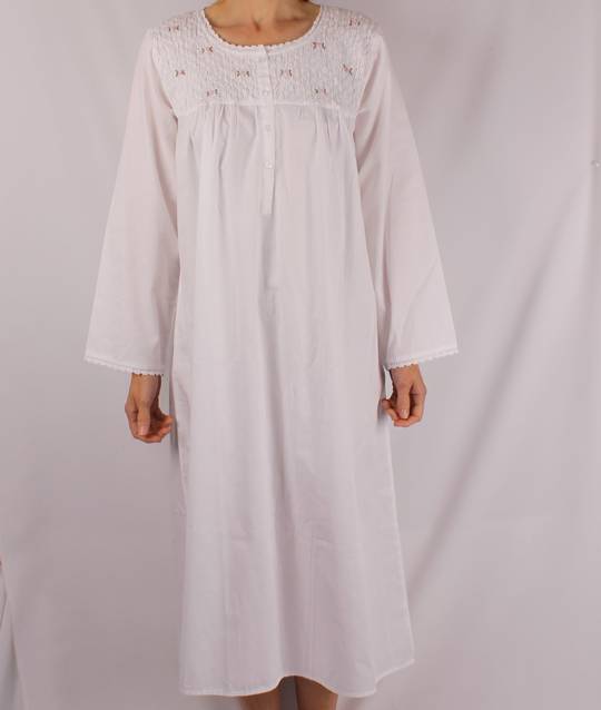 Cotton poplin winter nightie w smocking and  embroidered rose buds white Style:AL/ND-347